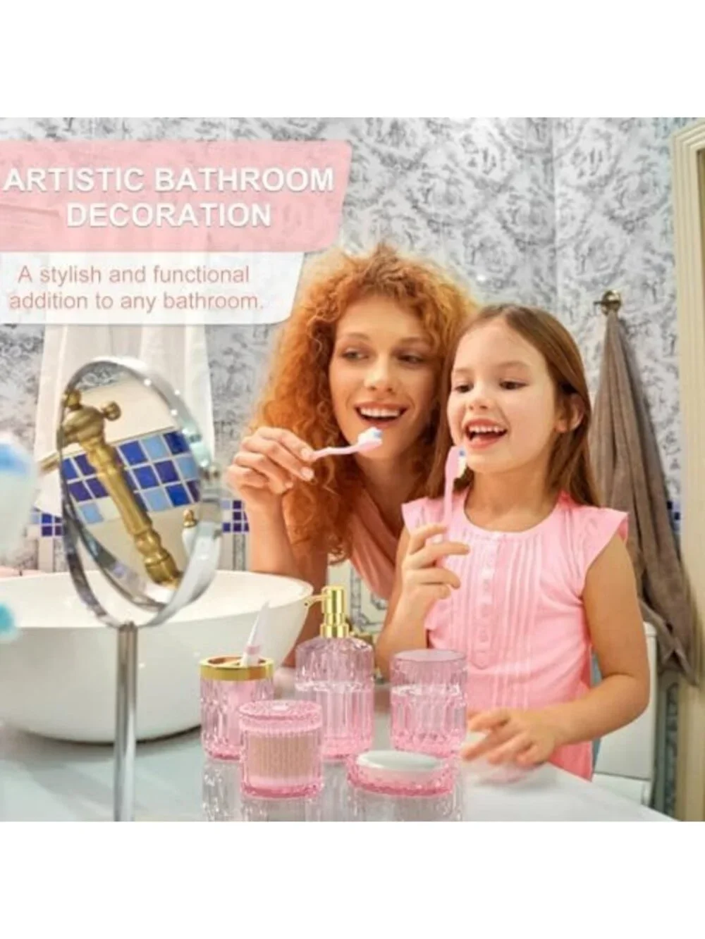 5-Piece Pink Bathroom Accessories Set - Modern Glass Decor, Soap Dispenser